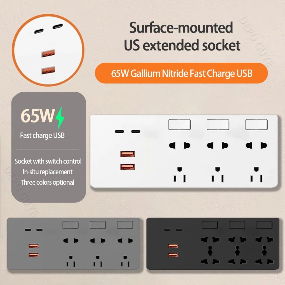 USA Mexico Standard Expansion Grip, 65 W Intelligent Fast Rechargeable USB port universal socket to five holes, British Wall Power Supply