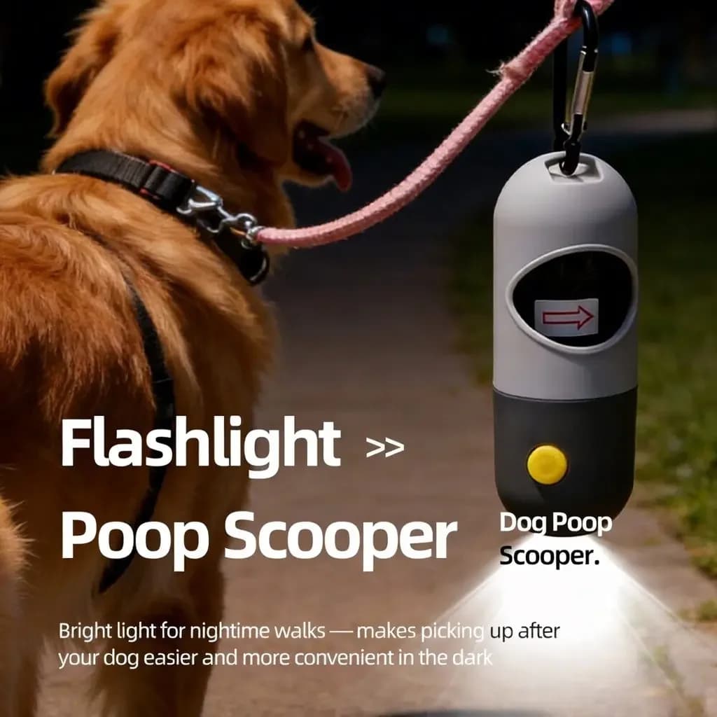 Dispenser per Sacchetti per Escrementi di Cane 2-in-1 con Luce LED, da Attaccare al Guinzaglio, Accessorio Sicuro per Passeggiate Notturne