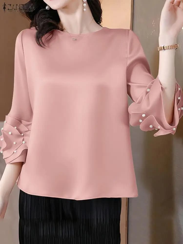 ZANZEA Donna Elegante Office Lady Camicie 2025 Autunno Perla Manica svasata Camicetta solida Moda Tunica Top A pieghe Coreano Blusas OL