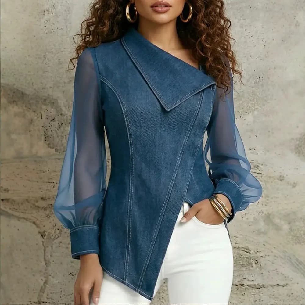 Denim Mesh Sheer Long Sleeve Blouse Asymmetric Collar Slim Fit Top Puff Sheer Sleeves Elegant Casual See-Through Shirt for Women