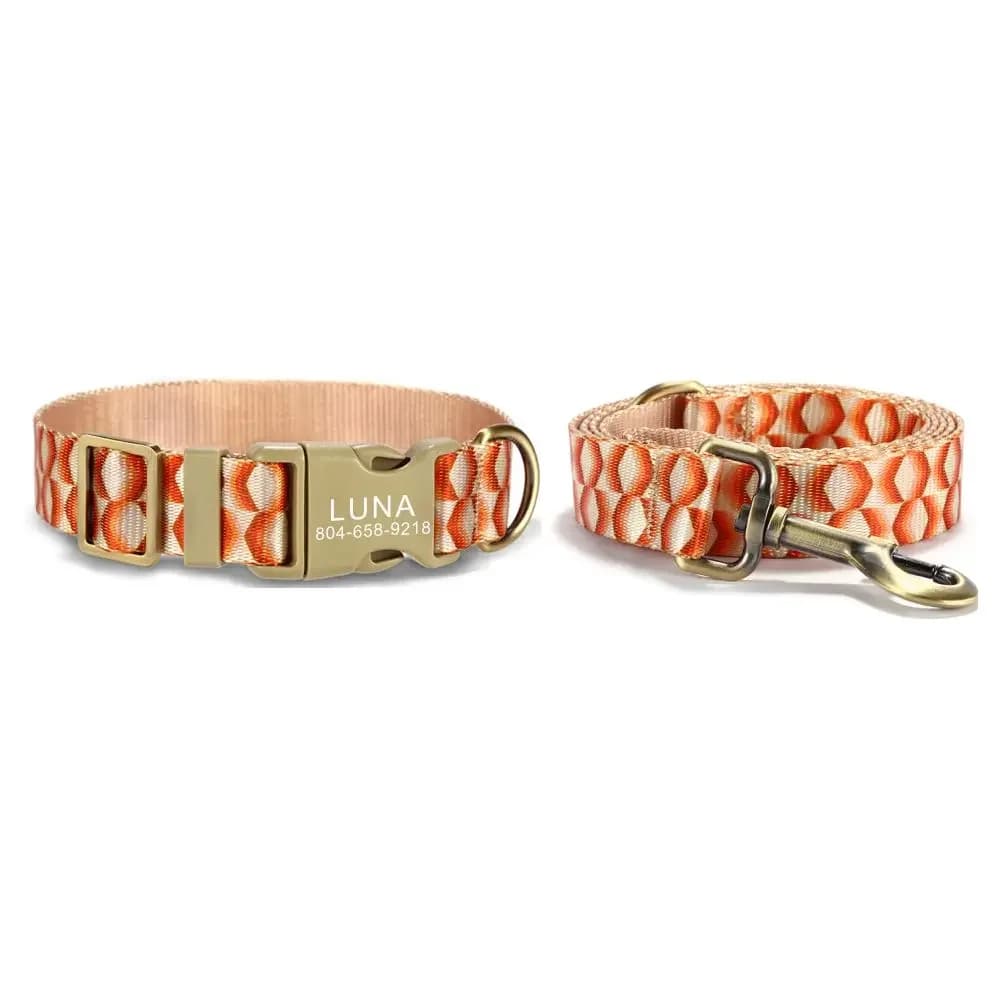 Personalized Pet Collar, Nameplate ID Adjustable, Orange Rhombus, Soft Fiber, Cat and Dog Collars, Lead Leash, Customized