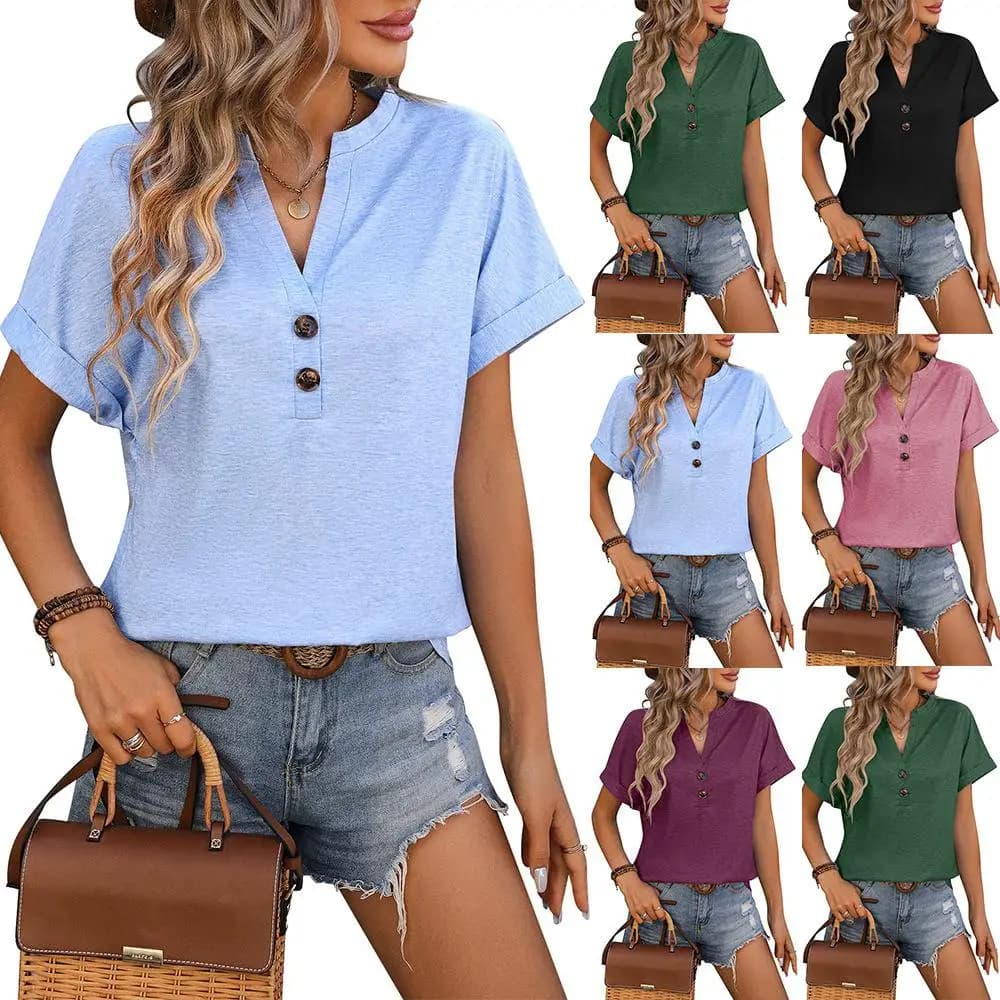 Loose Short Sleeve V-Neck Button Pure Color Cotton T-Shirt Women's Spring Summer New Style Cross-Border European Style Batwin...