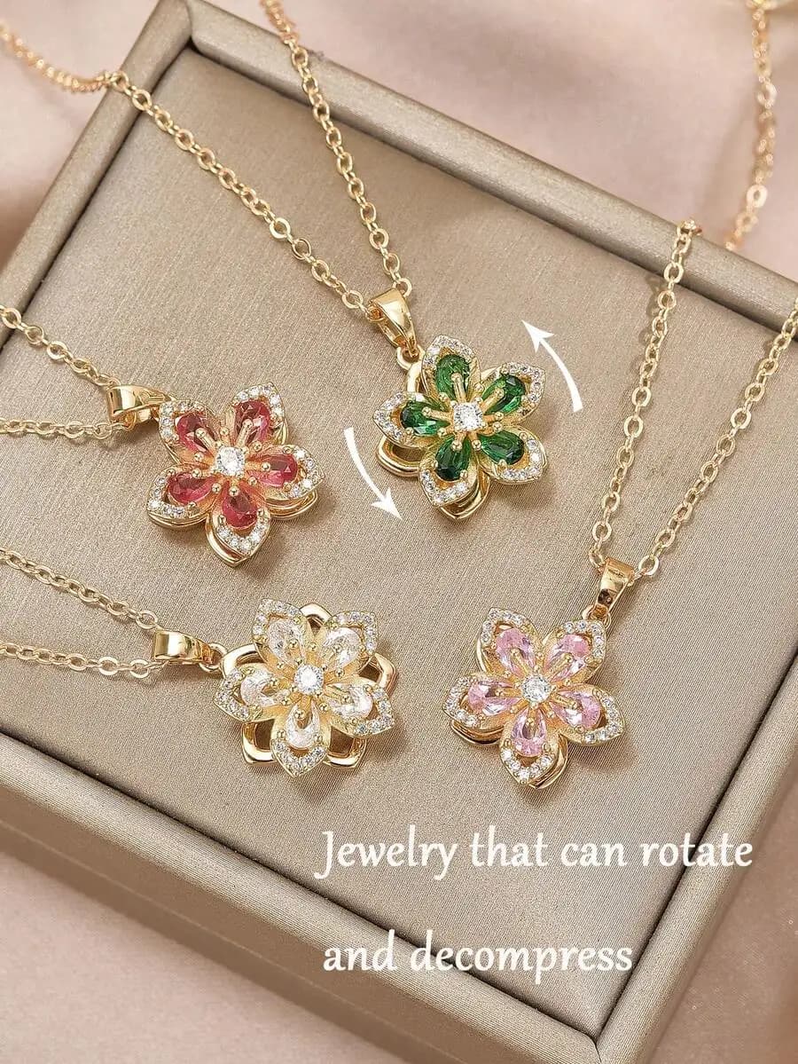 Copper cubic zirconia plum blossom rotatable necklace for women fashion jewelry