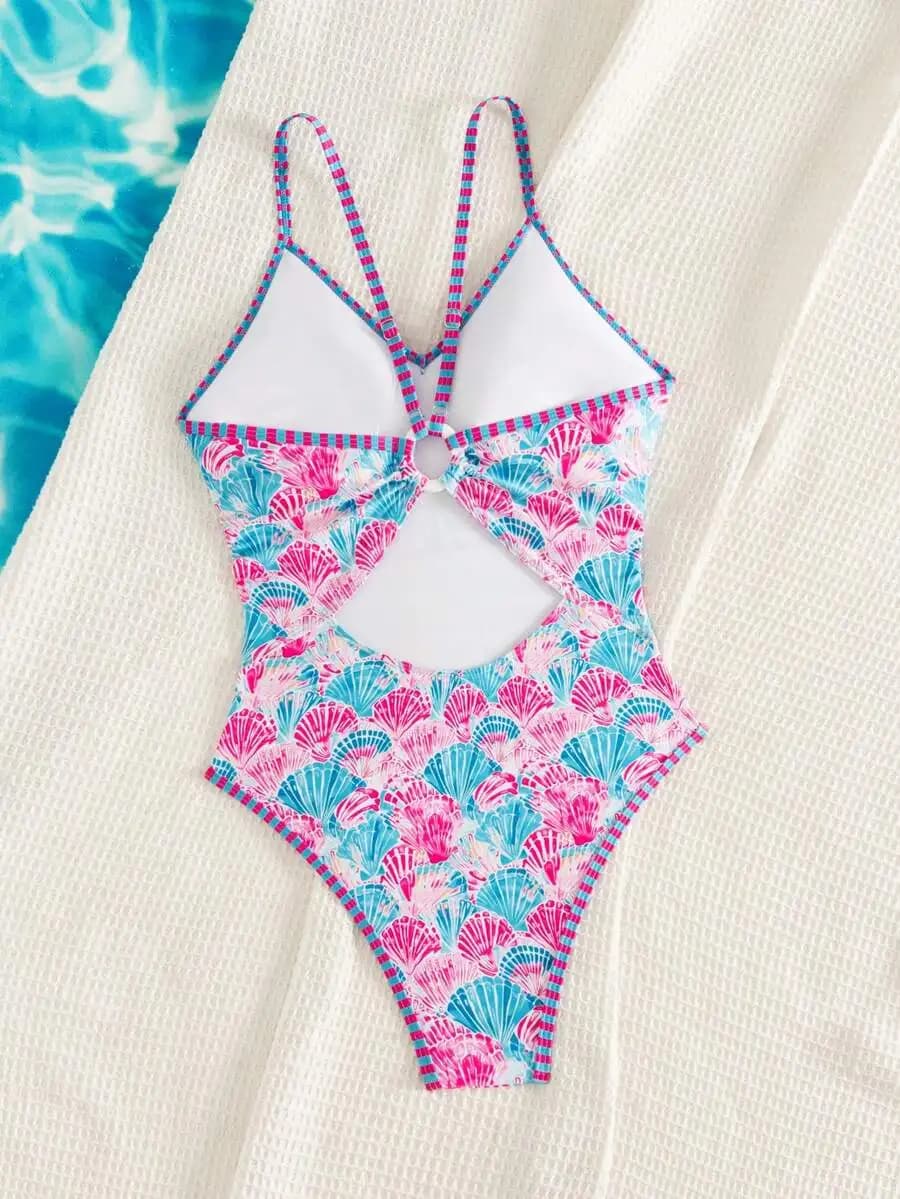 Costume da bagno intero da donna con stampa di conchiglie, costume da bagno da spiaggia senza schienale, rosa blu