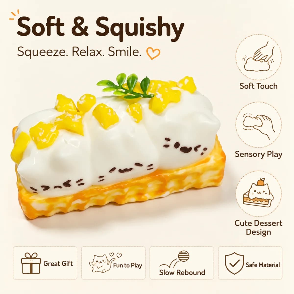 Food Grade Silicone Mango Cream Cake Squishy Toy Cute Cat Face Simulation Dessert Soft Squeeze Stress Relief Fidget Hand Toy