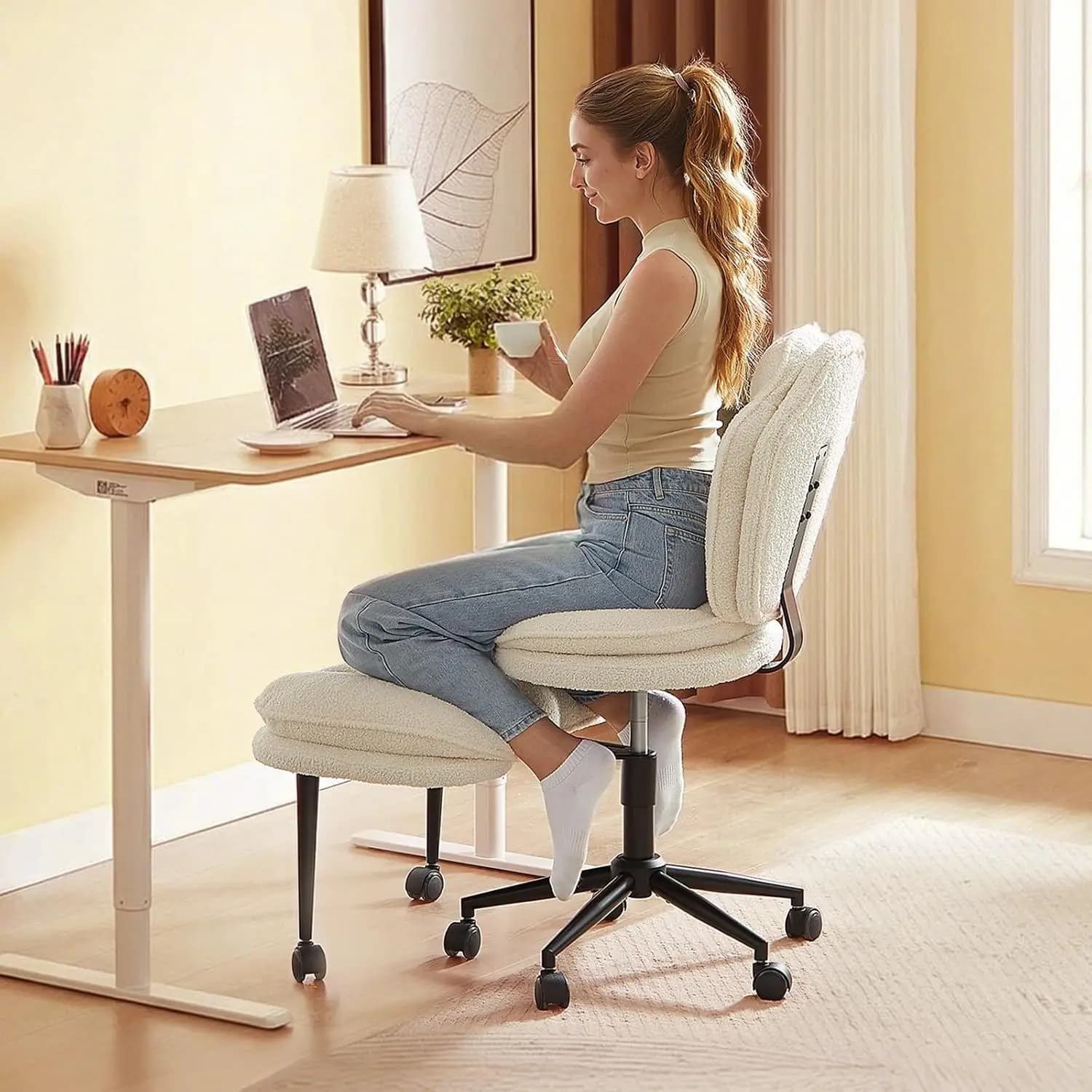 Ergonomic Cross Legged Office Chair With Wheels Swivel Kneeling Meditation Seat Adjustable Height Reversible Cushion Desk Chair For ADHD Off White Plush