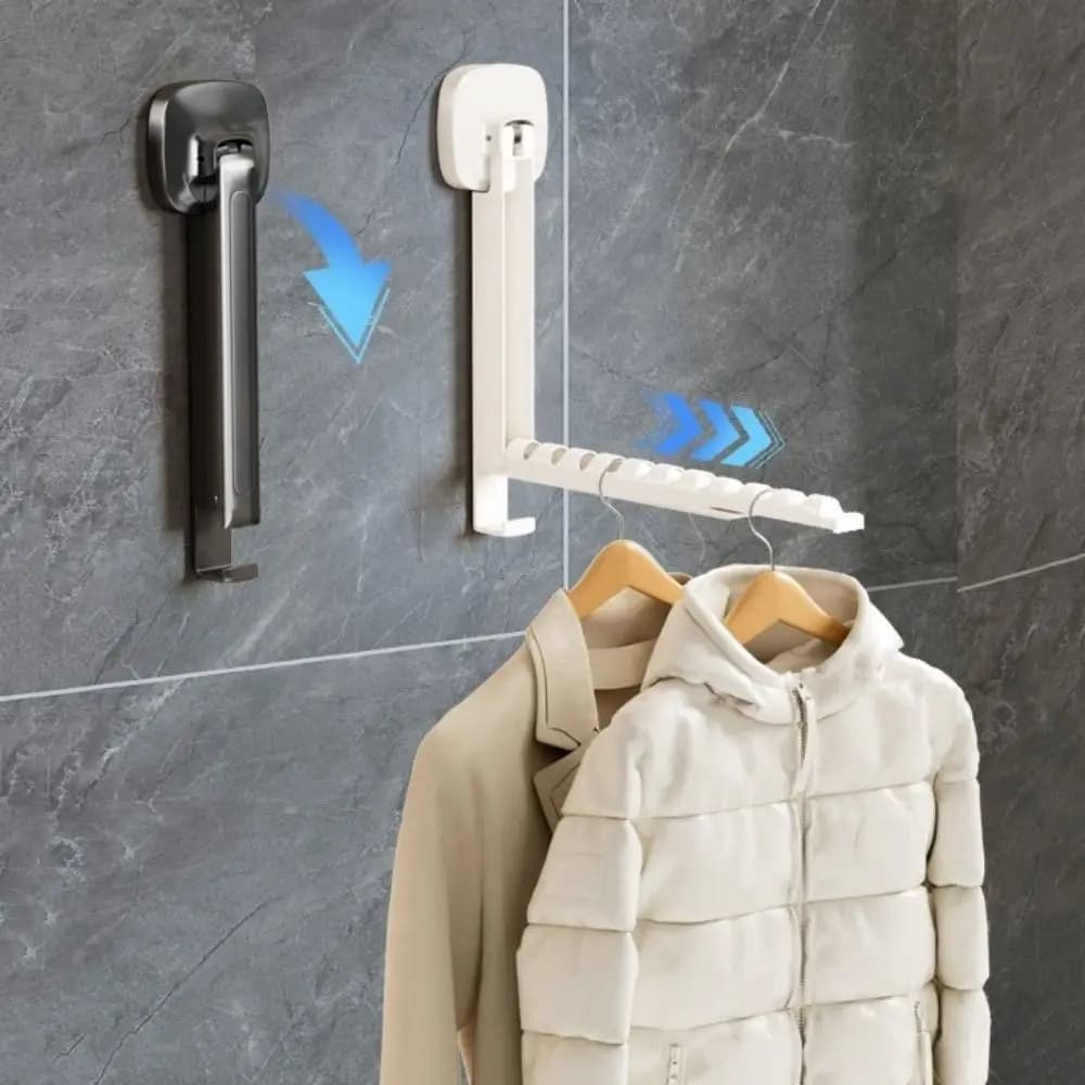 2 Pieces No-drill Installation Folding Clothes Drying Rack Adjustable Length Wall Mounted Suction Cup Clothes Hanger