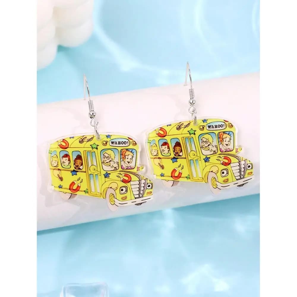 Pair Cute Creative Unique Funny Versatile Lively Campus Series School Bus Acrylic Cartoon Opossum Earrings, Suitable For Women