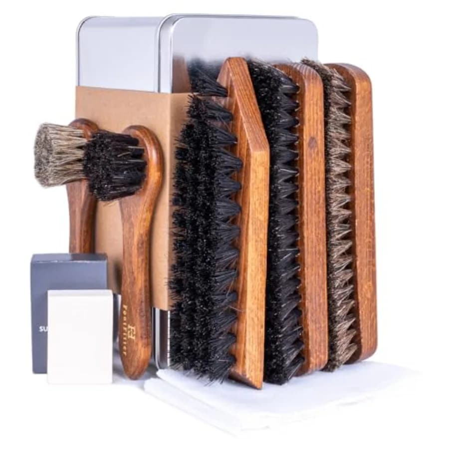 Set di Spazzole Professionali per la Cura delle Scarpe: Spazzole Premium in Crine di Cavallo per Lucidatura, Gomma per Camoscio, Spazzola Rigida per Pulizia e Panni Lucidanti per Lucidatura L