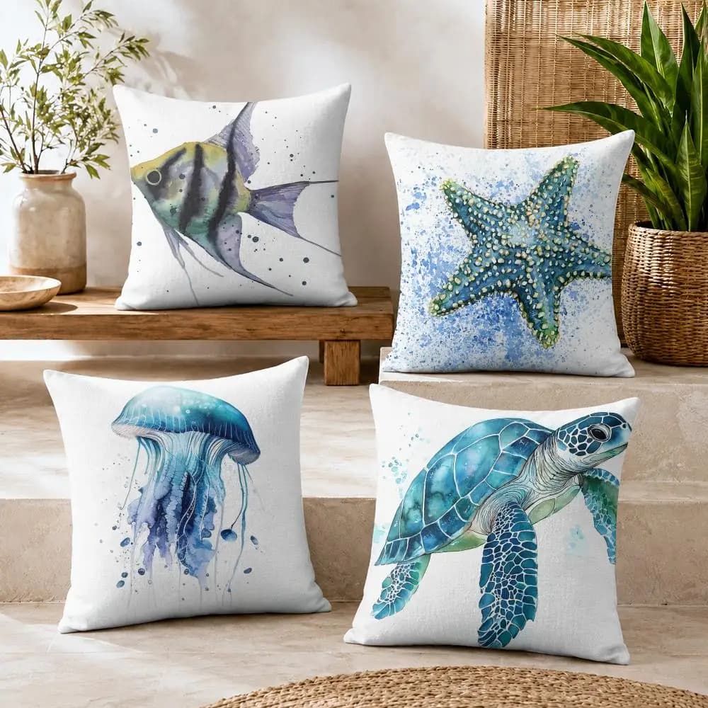 Turtle Coral Reef Cushion Cover Summer Coolness Linen Organic Fabric Sofa Pillow Case Double-Sided Printing Home Decor