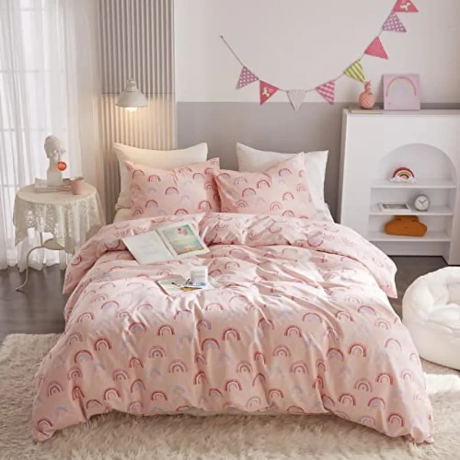 Queen Duvet Cover Set 100% Cotton Rainbow Pink Duvet Cover for Girls Cute Kawaii Bedding Set 3 Pcs Ultra Soft Breathable Toddle