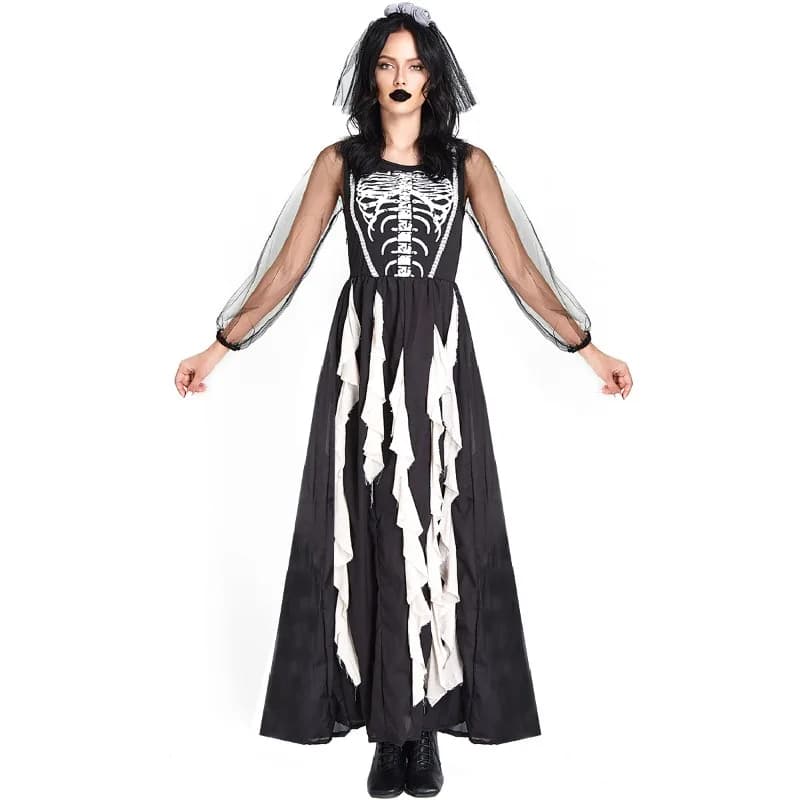 Costume da sposa demone vampiro gotico da donna, scheletro di Halloween, vestito da fantasma, vestito cosplay spaventoso, abbigliamento per spettacoli teatrali strepcati
