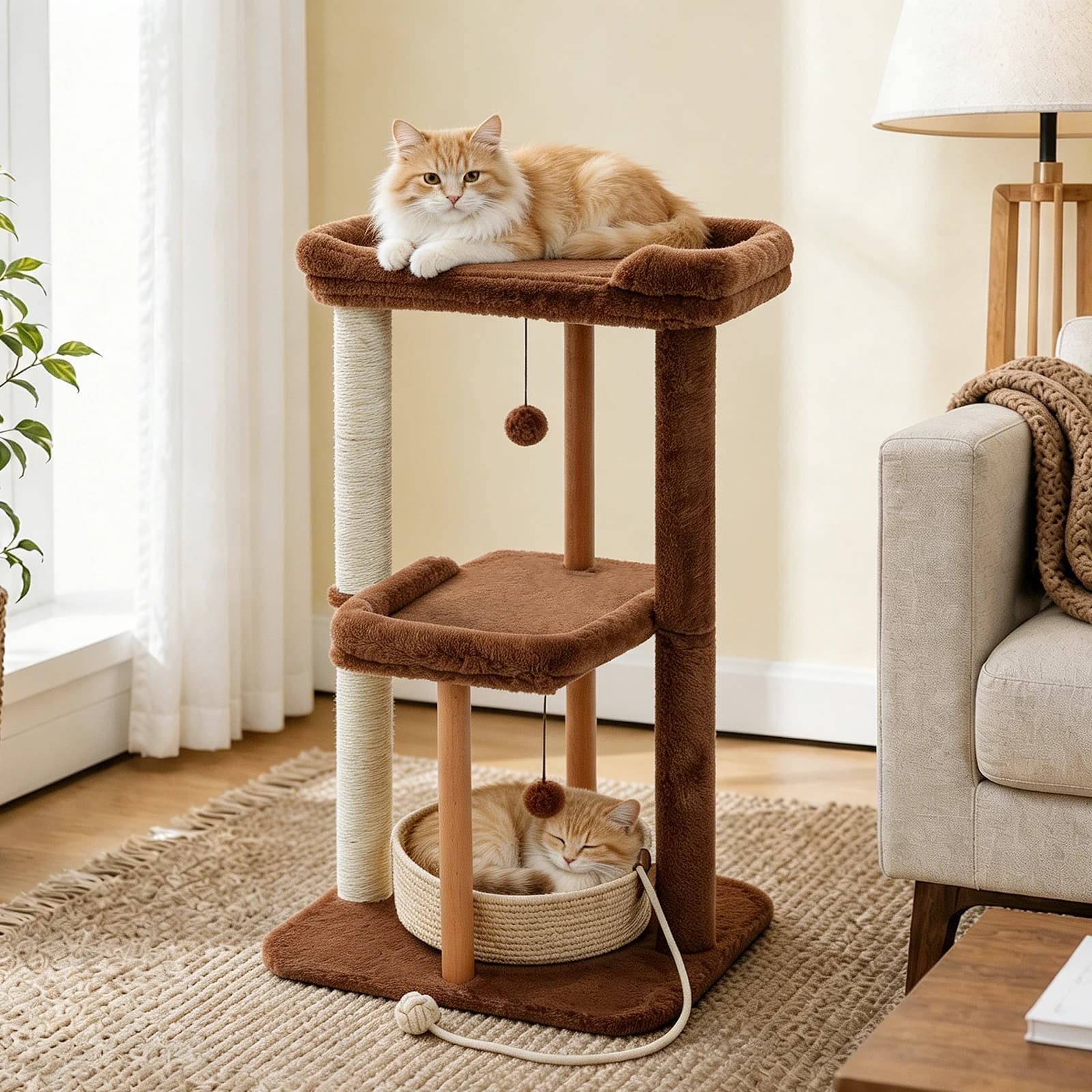 Modern Cat Tree for Indoor Cats Wood Cat Tower with Removable Bed Sisal Scratching Posts and Solid Wood Posts 2 Large Platforms Cat Bed Cat Toys