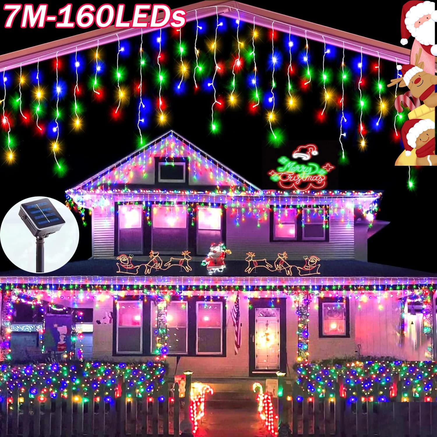3.5M/7.5M Solar Curtain Icicle Light Outdoor Eaves Decor String Lights Garden Party Yard Christmas Decoration holiday Garlands