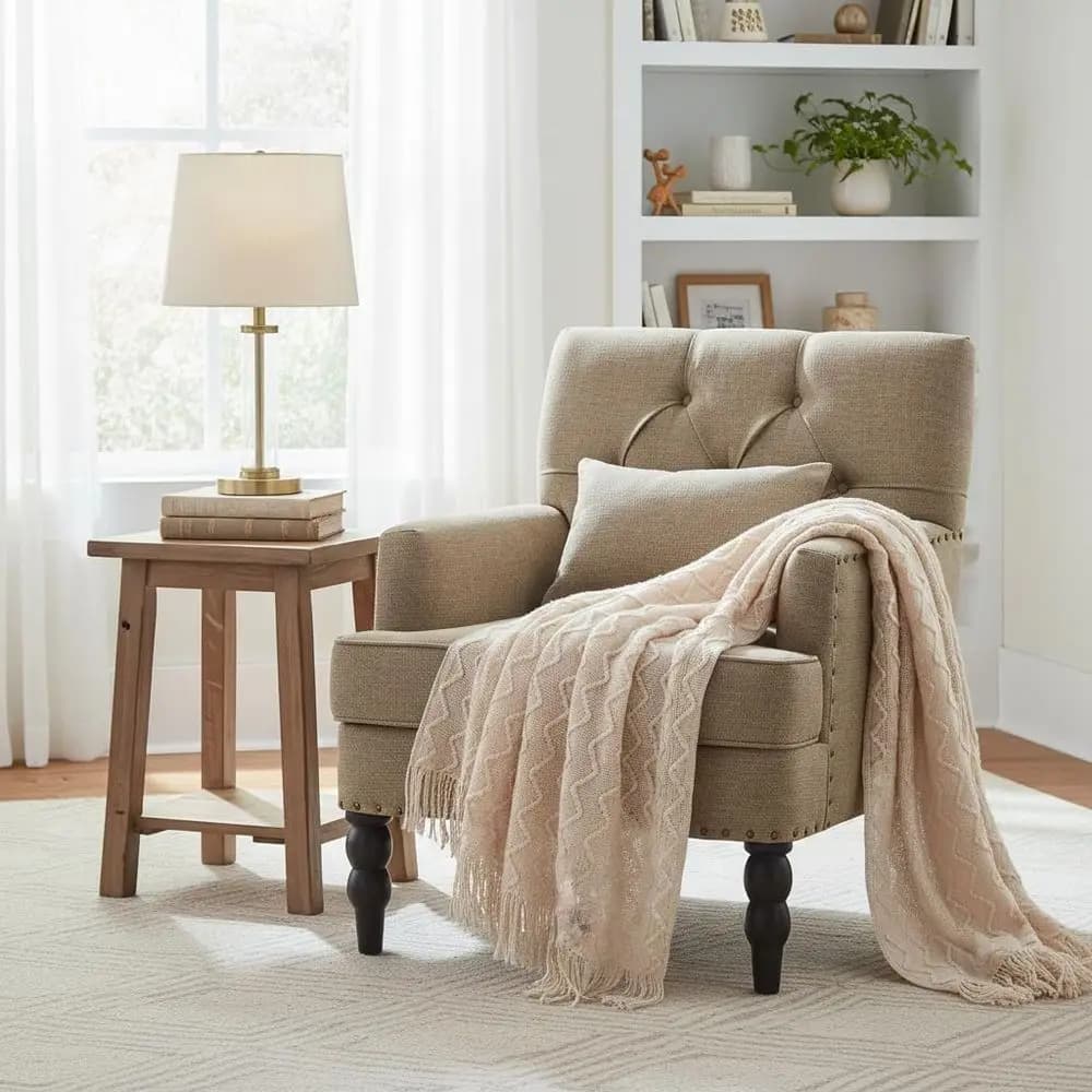 Tuted Club Chair,Accent Chair with Lumbar Pillow, Upholstered Button Armchair, Linen abric Soa Chairs or Bedroom, Living Room, C