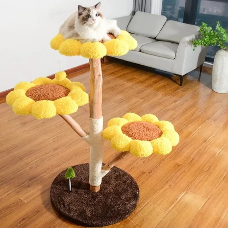 New sunflower style cat climbing frame, natural fruit wood branches, premium pet gift, winter warm velvet fabric cat nest