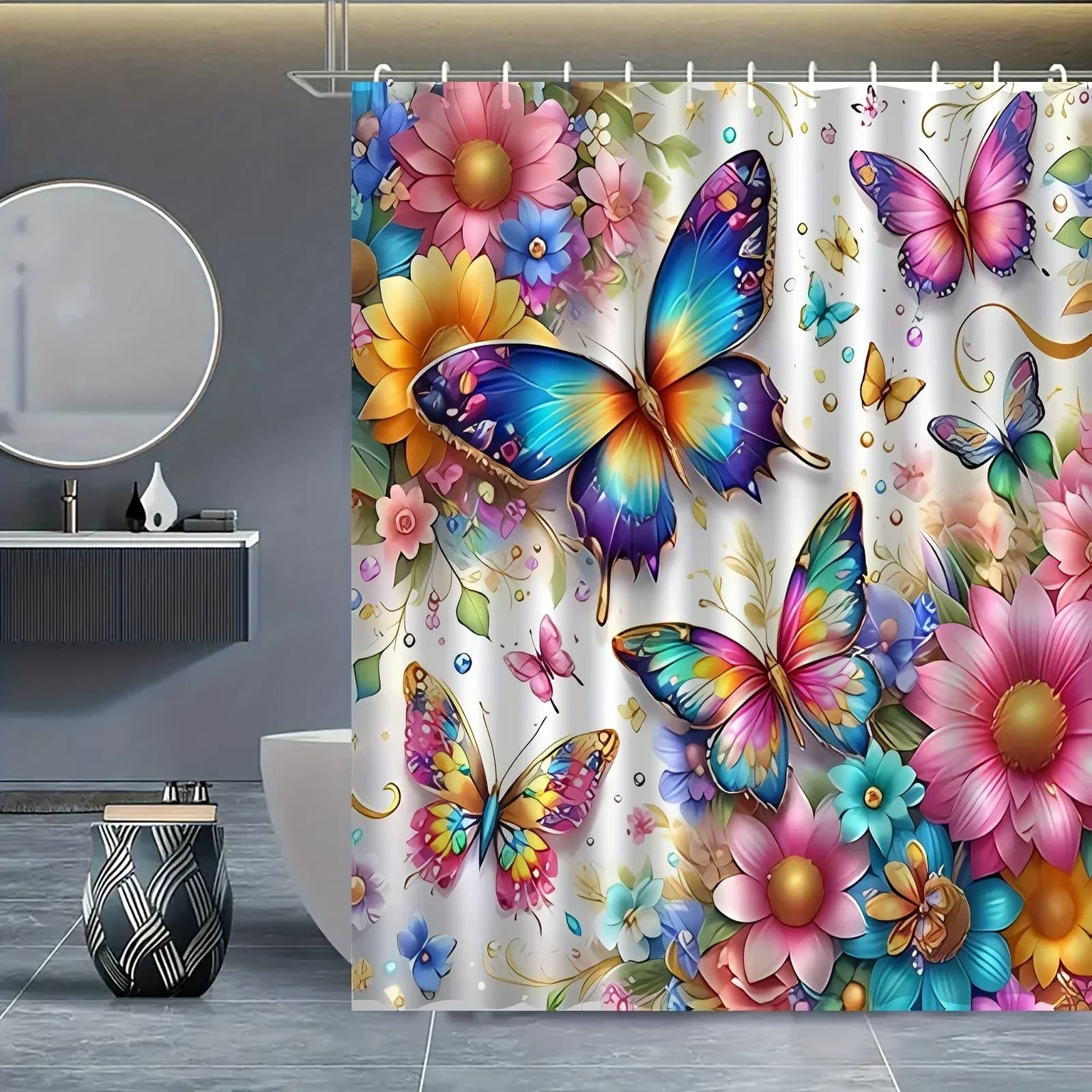 Tenda da doccia con stampa a farfalla Decorazione per il bagno di famiglia Tenda per vasca da bagno in tessuto poliestere Decorazione per la stanza divisoria del bagno