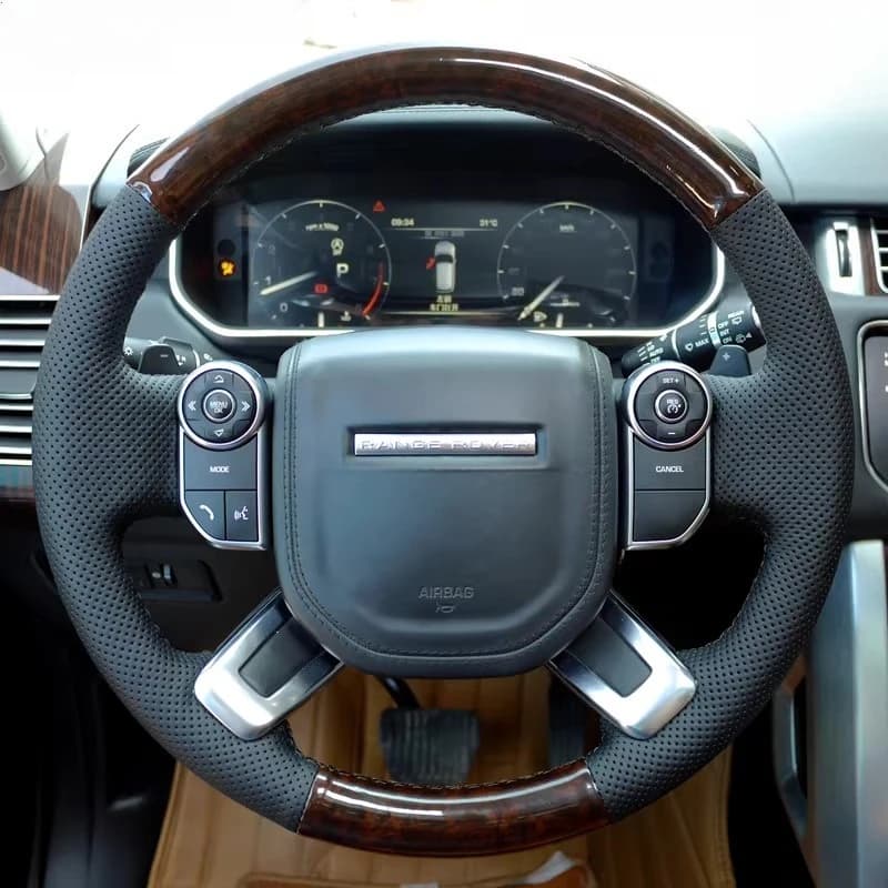 Black genuine leather hand sewn anti-slip cover with fishing wood veins for Land Rover Range Rover Evoque Discovery 5