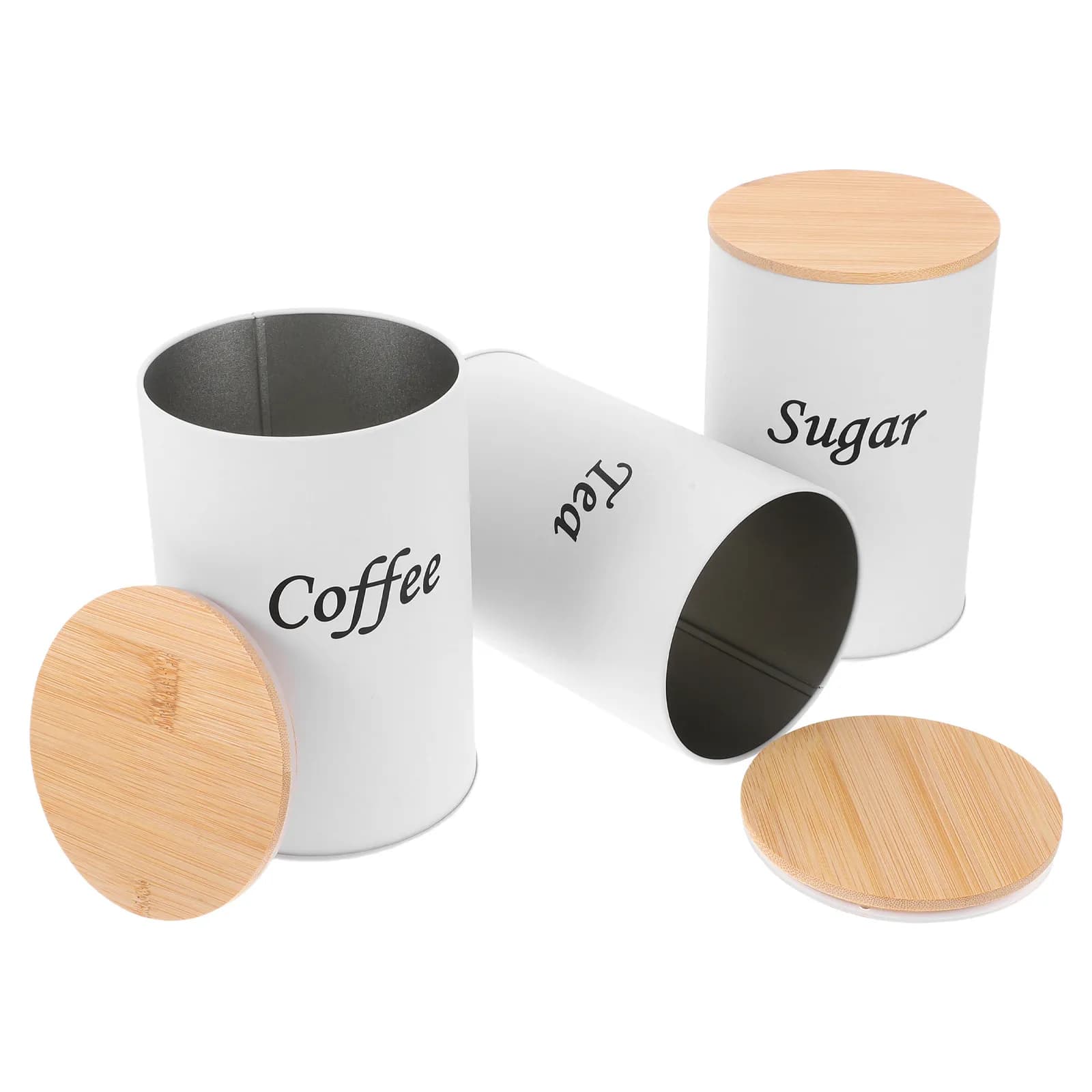 3Pcs Airtight Round Canisters Galvanized Iron Body Bamboo Lid for Coffee Tea Sugar Flour Rice Beans Stylish Kitchen Storage