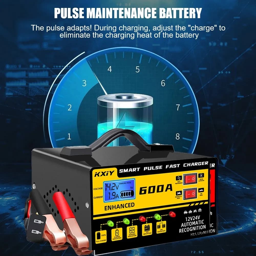 Caricabatterie Intelligente per Auto FESTBERG W06 600A 12V 24V con Riparazione a Impulsi, Display LCD, Rilevamento Voltaggio e Temperatura, Arresto Automatico