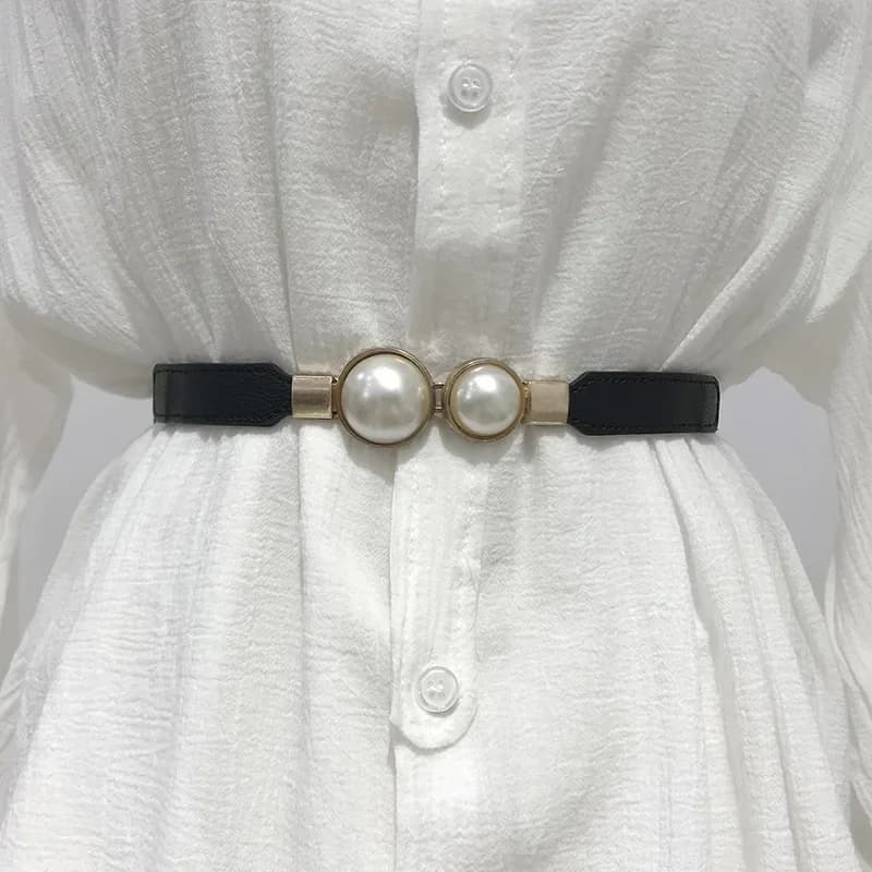 Cintura con fibbia di perle gonna in pelle PU gonna in vita cinture elastiche sottili da donna cintura da donna decorazione per