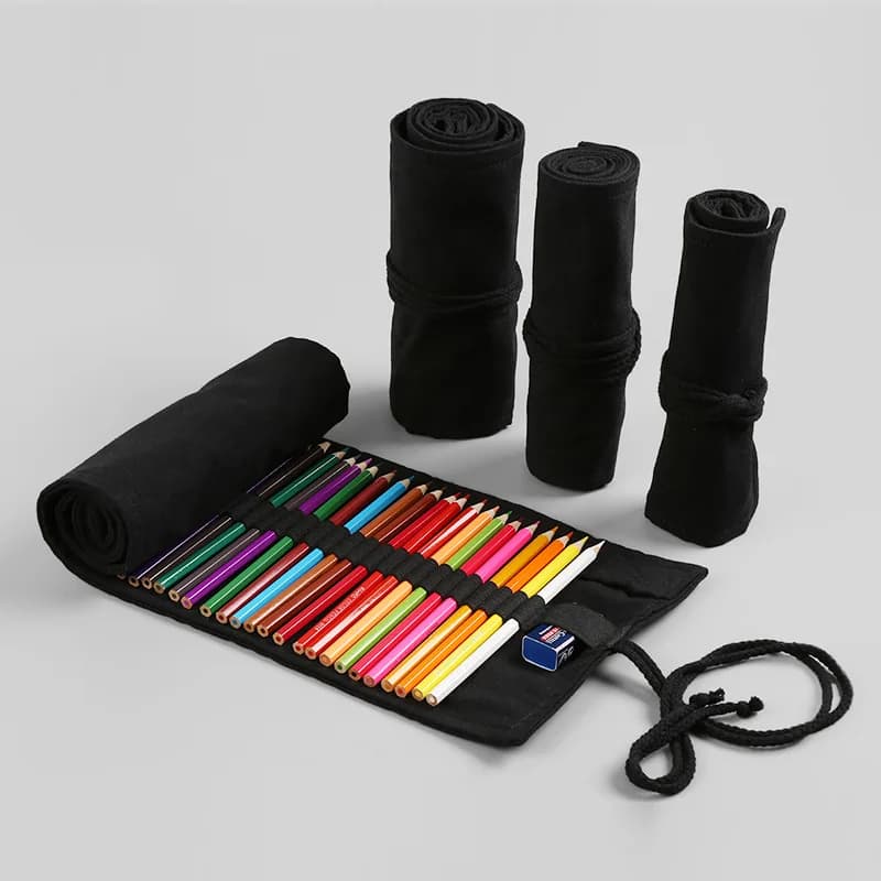 12/24/36/48/72 fori astuccio in stoffa nera cancelleria pennello cosmetico matita sacchetto di immagazzinaggio matite rotolo arte penna borsa materiale scolastico