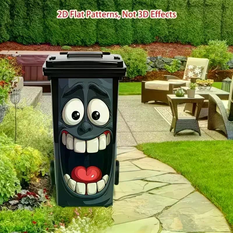 /PFU/Flat Interesting "Big Mouth Cartoon Face" Trash Can Sticker Wall Sticker, Removable Self-Adhesive Outdoor Tras 2D