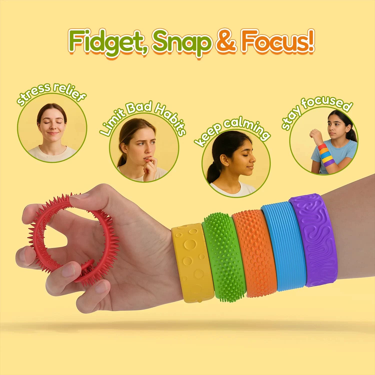 6 pezzi di giocattoli sensoriali in silicone, braccialetti testurizzati per l'autismo, esigenze speciali, antistress rilassanti per bambini