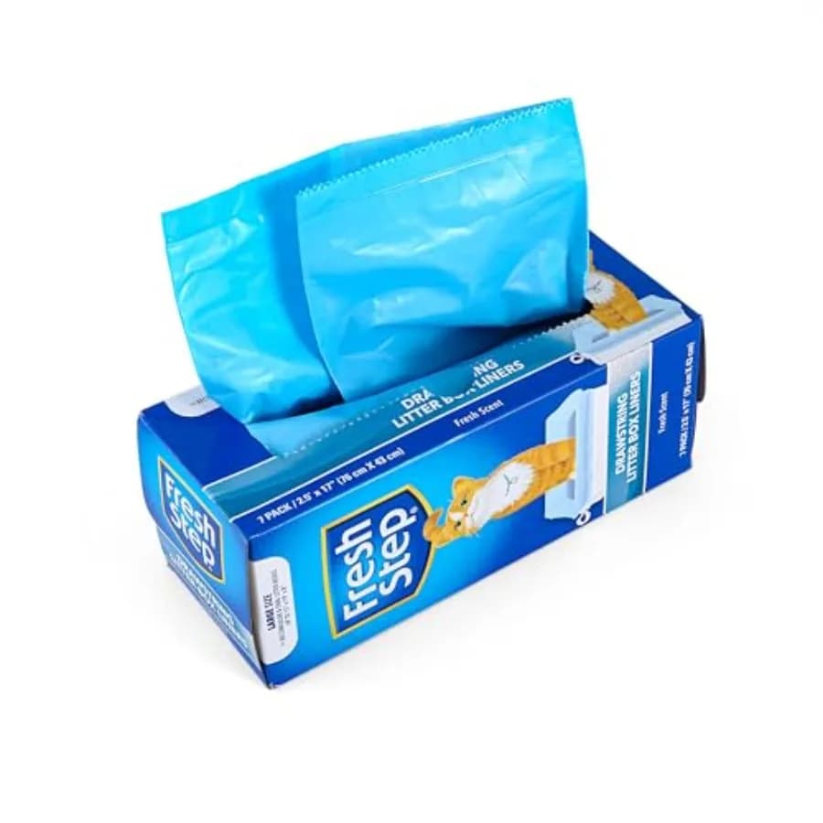 Drawstring Cat Litter Box Liners for large oval or rectangle pans, scented heavy duty plastic, blue, odor-controlling and mess-