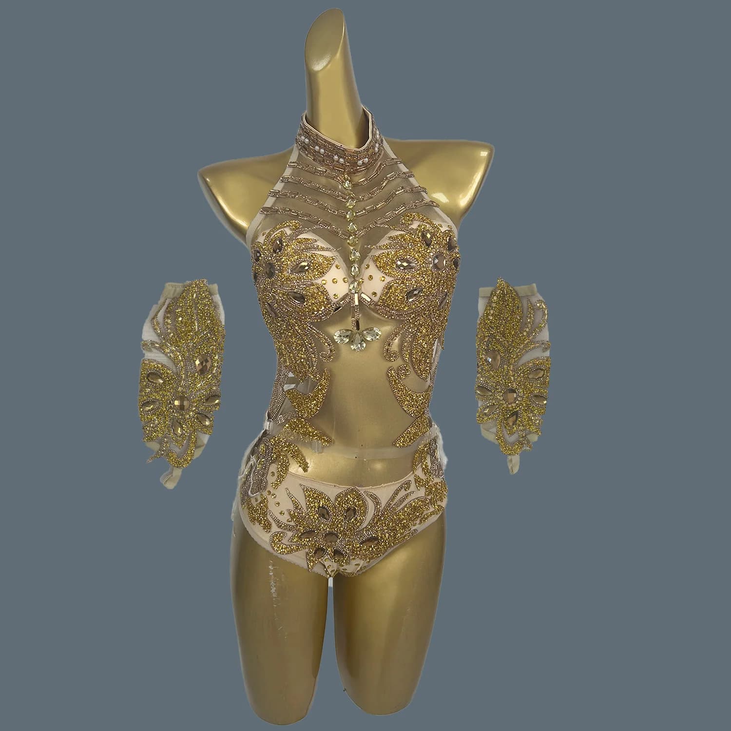 Sparkly Gold Rhinestone See Through Mesh Feather Bodysuit Gloves Set Sexy Showgirl gig Wear Dance Party Outfit Gaolingjinyumao