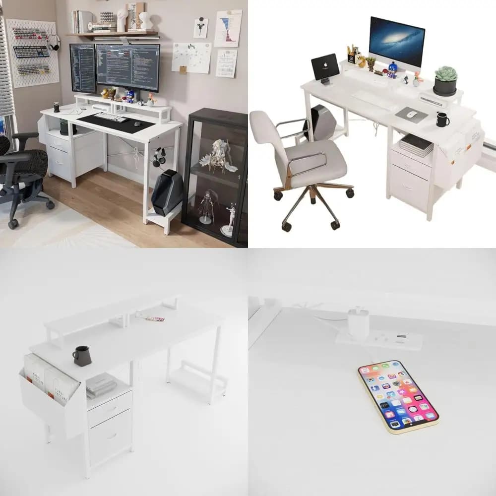 Modern and compact gaming desk with side pocket, drawers and supports for adjustable monitors, 47 White