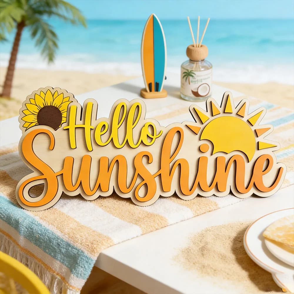 Hello Sunshine - Insegna 3D in legno da 30 cm a tema girasole e sole, rustica, da appendere a parete, per cameretta, camera da letto, cucina, ingresso