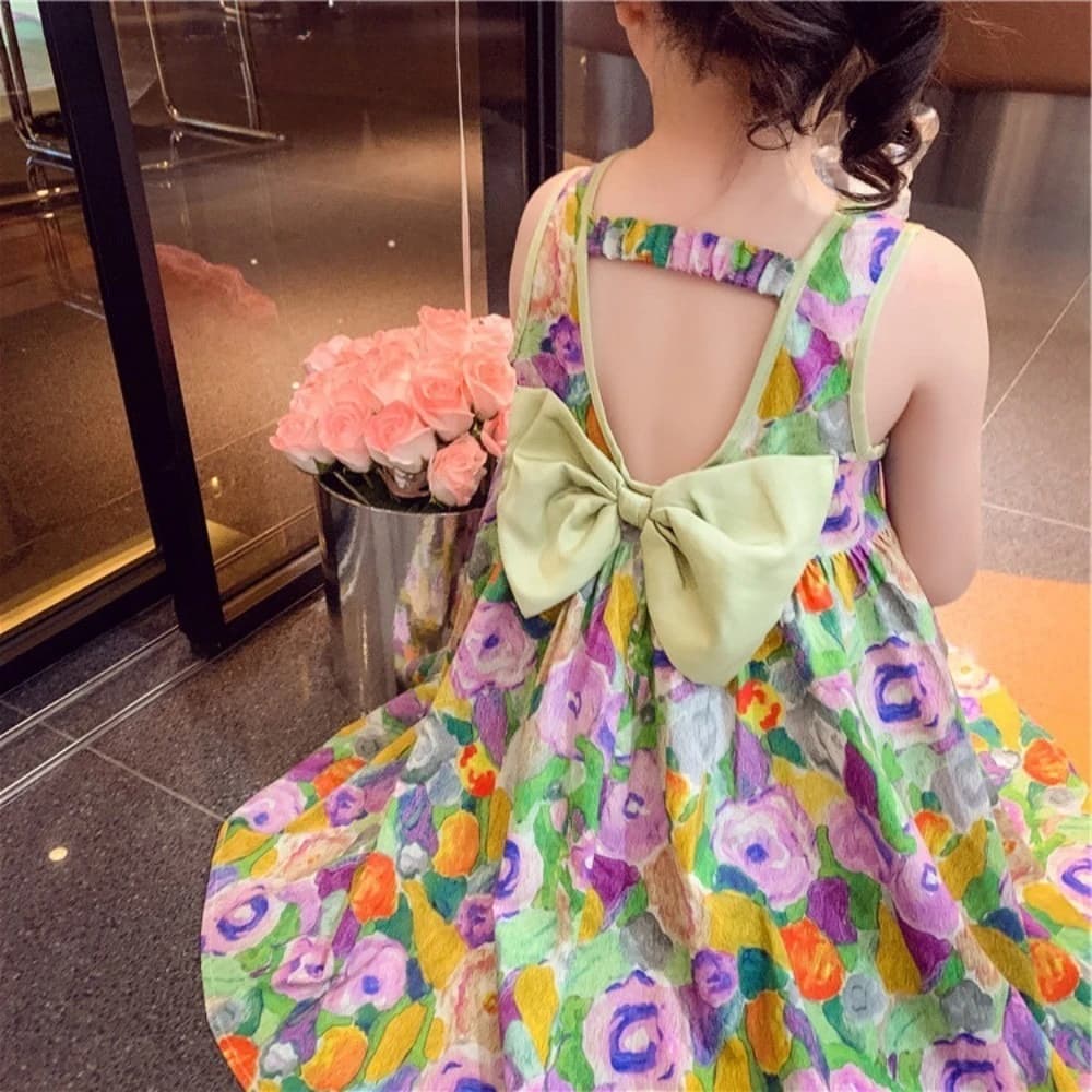 Fashion Flower Oil Painting 3-7Years Girl Clothes Sleeveless Backless Green Large Bow Printed Princess Dresses Party Costumes