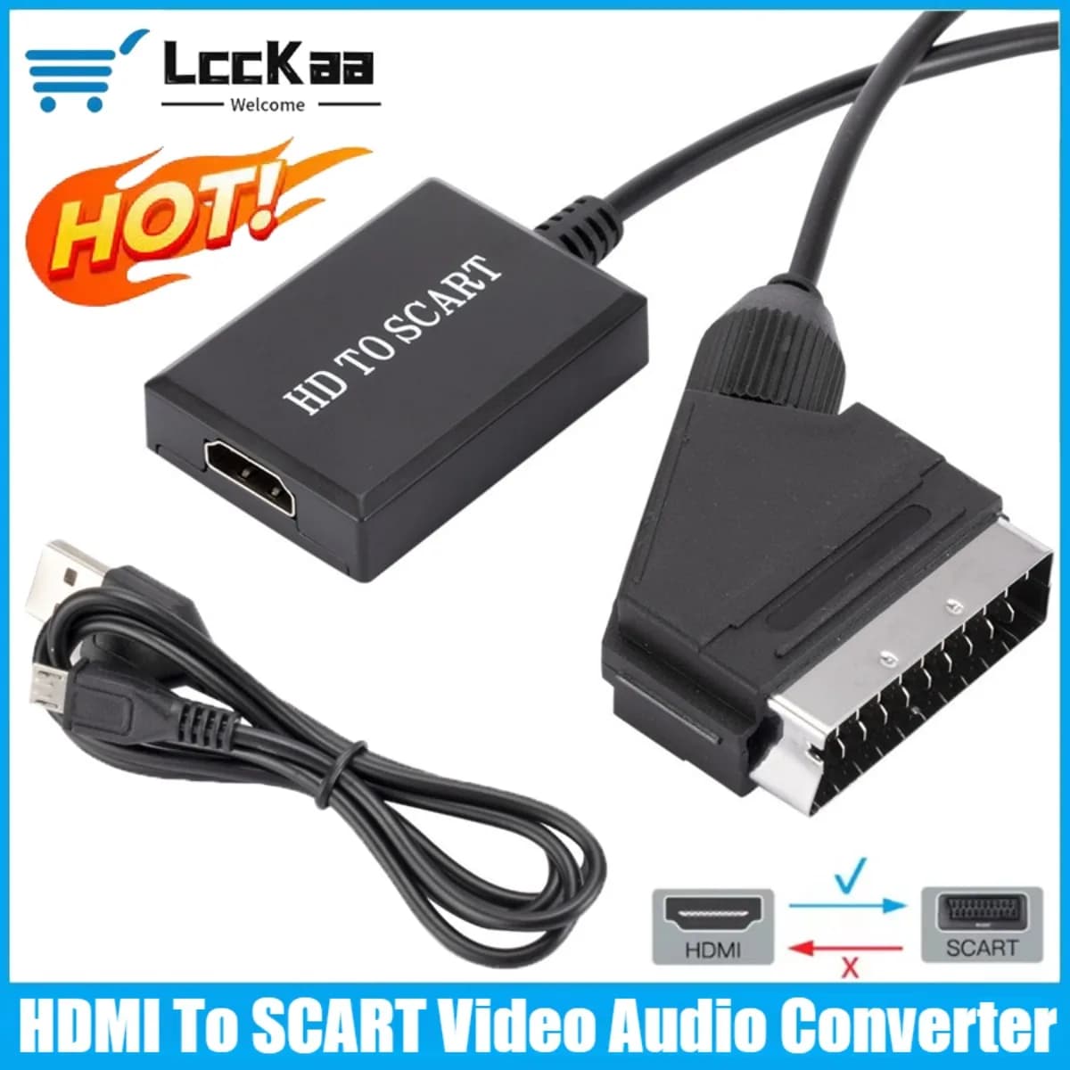 LccKaa 1080P Adattatore da HDMI a SCART Adattatore convertitore audio video per TV HD DVD per Sky Box STB Plug and Play Cavo CC di lusso