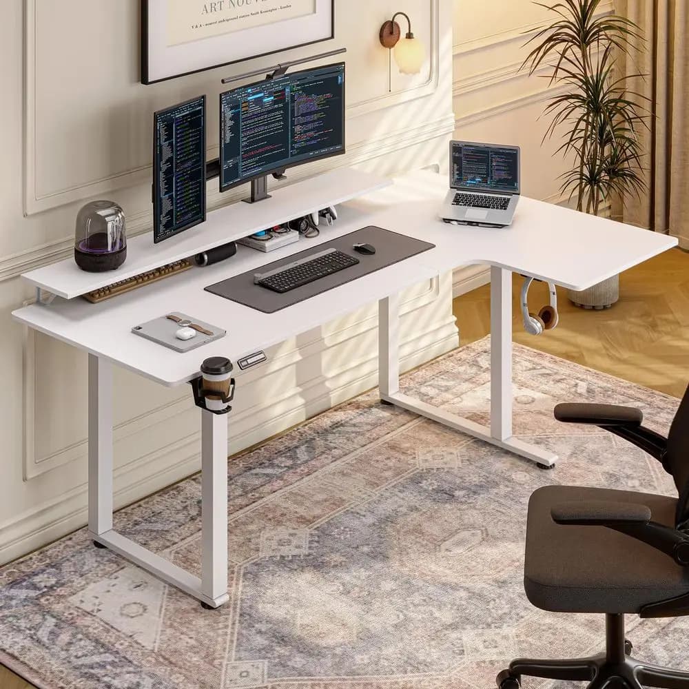 Scrivania Elettrica Regolabile a Forma Personalizzata, 71x43 cm, con 2 Ripiani per Monitor, Doppio Motore e Controller di Memoria, Scrivania Angolare per Gaming