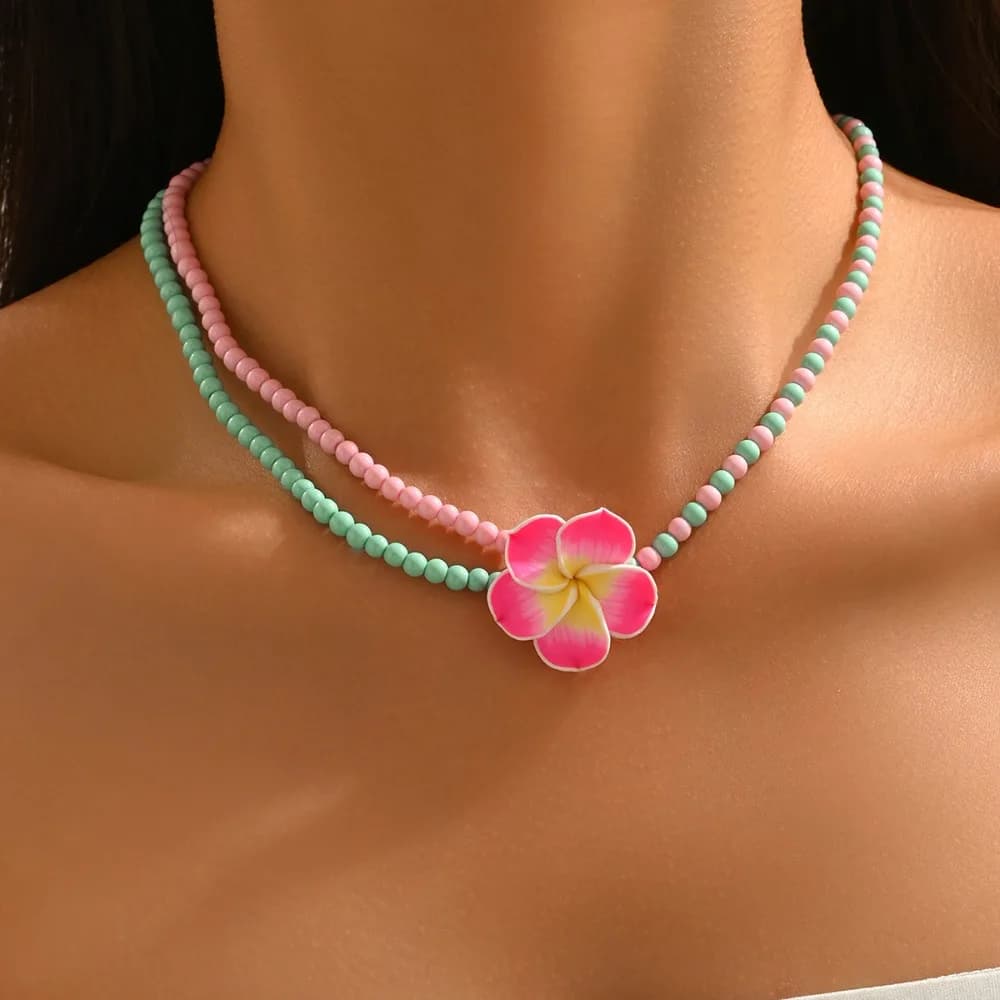 Sweet Dopamine Dual Color Seed Beaded Plumeria Flower Asymmetric Necklace for Women Summer Beach Vacation Jewelry Accessories