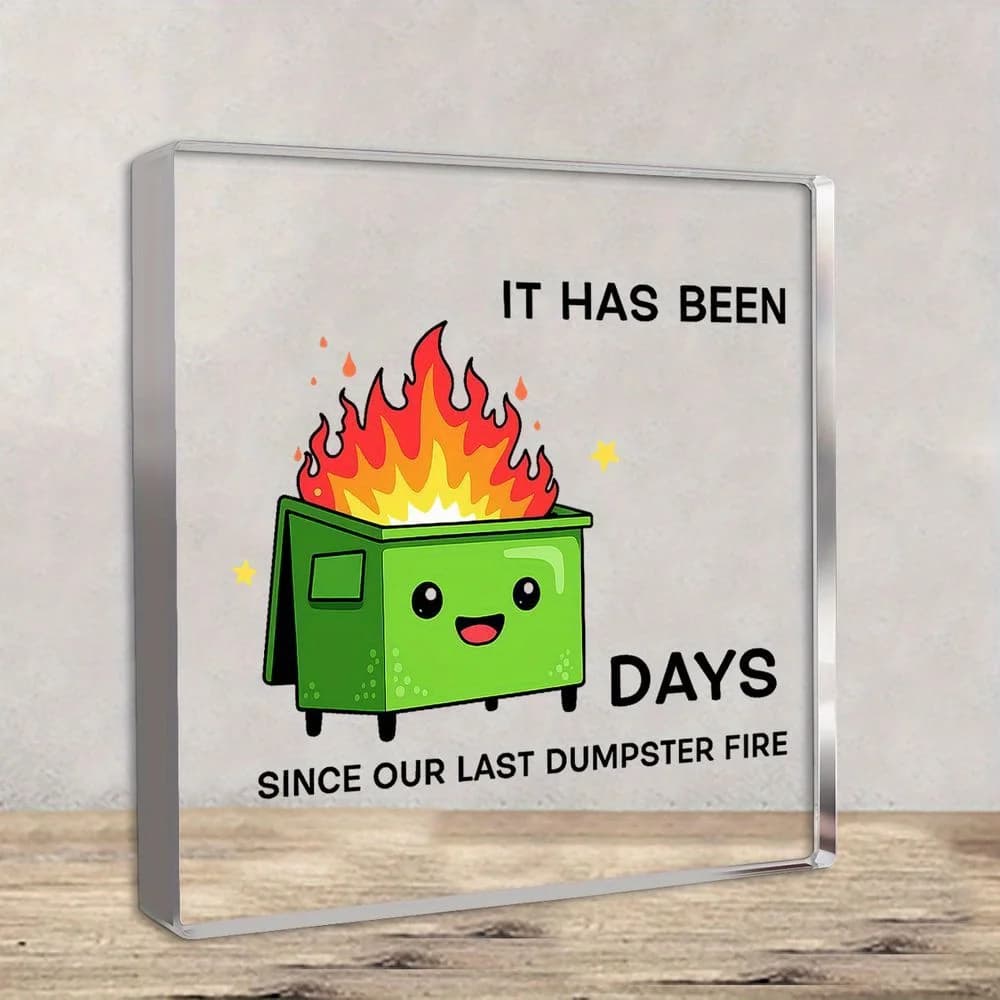 Funny Office Desk Sign "Days Since Last Trash Fire" Cartoon Bin Flames Prank Gift Coworkers White Elephant Party