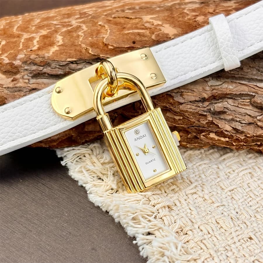 Leather Watch for Woman: Edgy Padlock Dial Soft Strap Bold Personalized Fashion Watch for Women