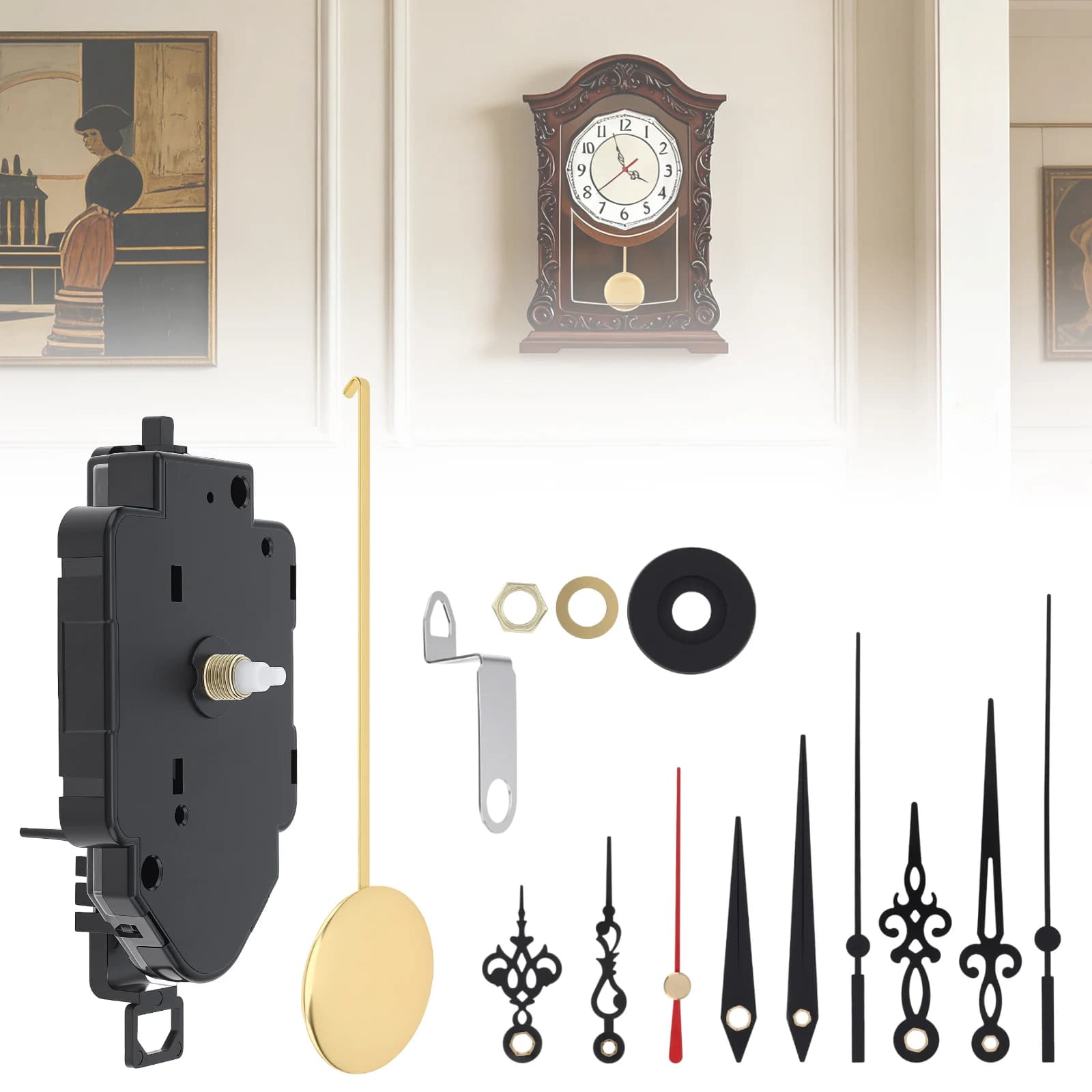 13 mm Shaft 5.5 mm Thread Length Quartz Pendulum Clock Movement Mechanism Kit Replacement with 3 Sets of Hands & Pendulum