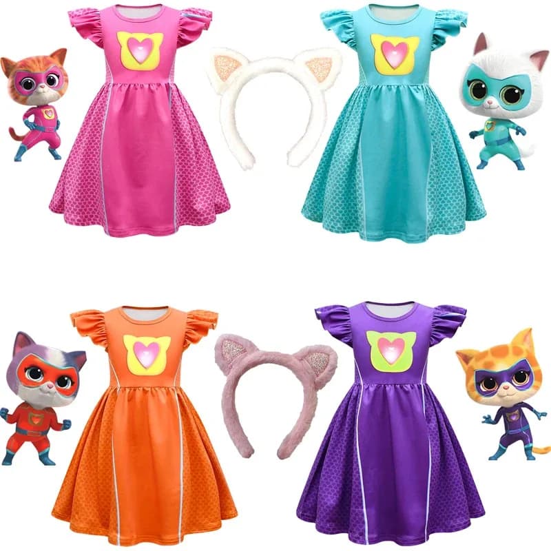 Abiti per bambini Cosplay Abiti da super gattini per SuperKittiesCostume per ragazze con maniche volanti Abito a trapezio con borsa e fascia per capelli
