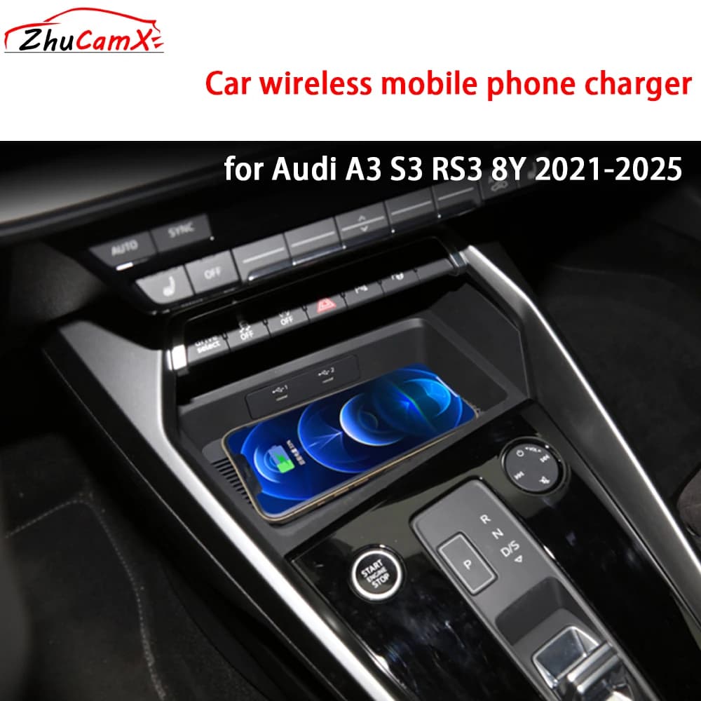 Per Audi A3 S3 RS3 8Y 2021-2025 Console centrale di archiviazione Caricatore per telefono cellulare wireless QI 18W iPhone Magsafe Pannello di ricarica veloce