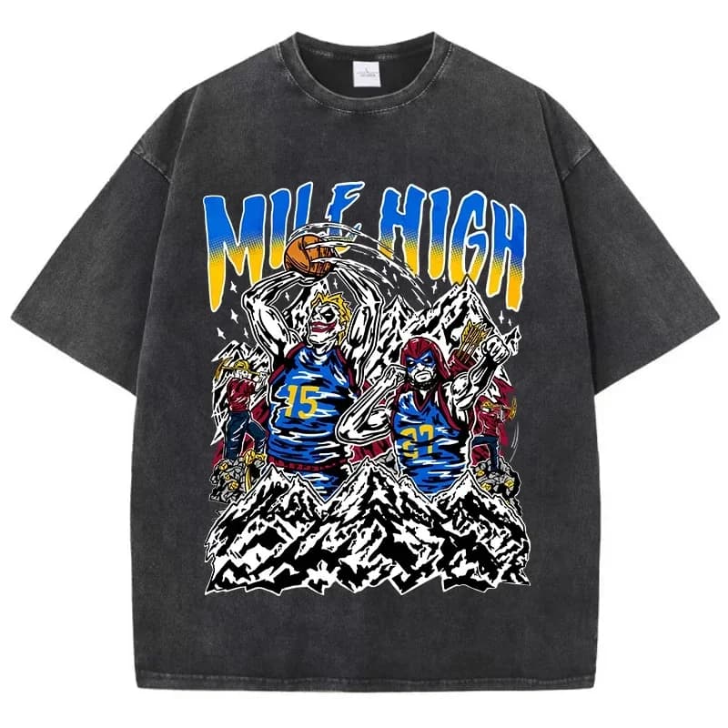 Abbigliamento Vintage americano per uomo mile high Skeleton Basketball Player t-shirt in puro cotone lavato stile vintage 80556