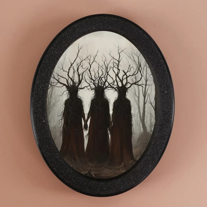 Pittura dell'albero dell'ombra con cornice ovale della foresta incantata - Decorazione di Halloween horror gotico