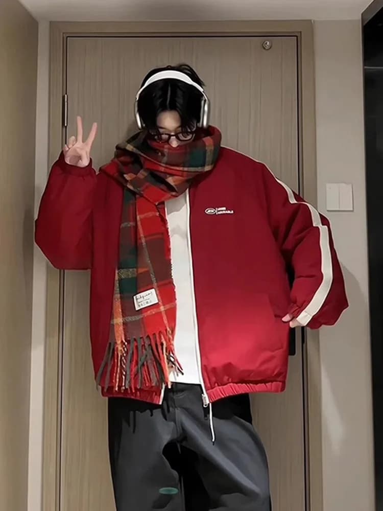 Cleanfit Men's Thickened Fleece Lined Casual Collar Cotton Jacket Red White Double Sided Wear Winter Outerwear Stripe Splicing