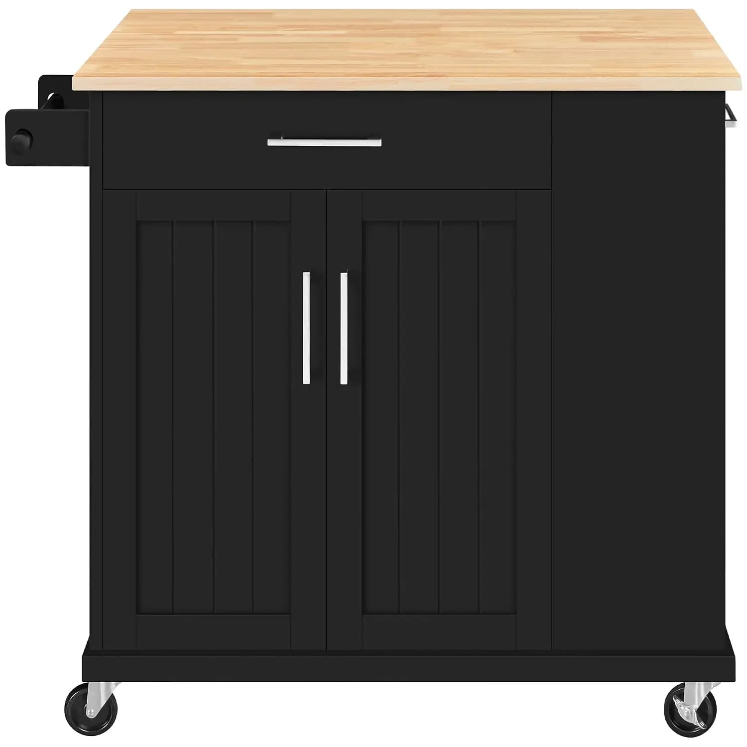 Foldable Kitchen Island Cart, Rolling Storage Cabinet with Rubberwood Top, Open Shelves, Drawers & Towel Bar, Black, Customized