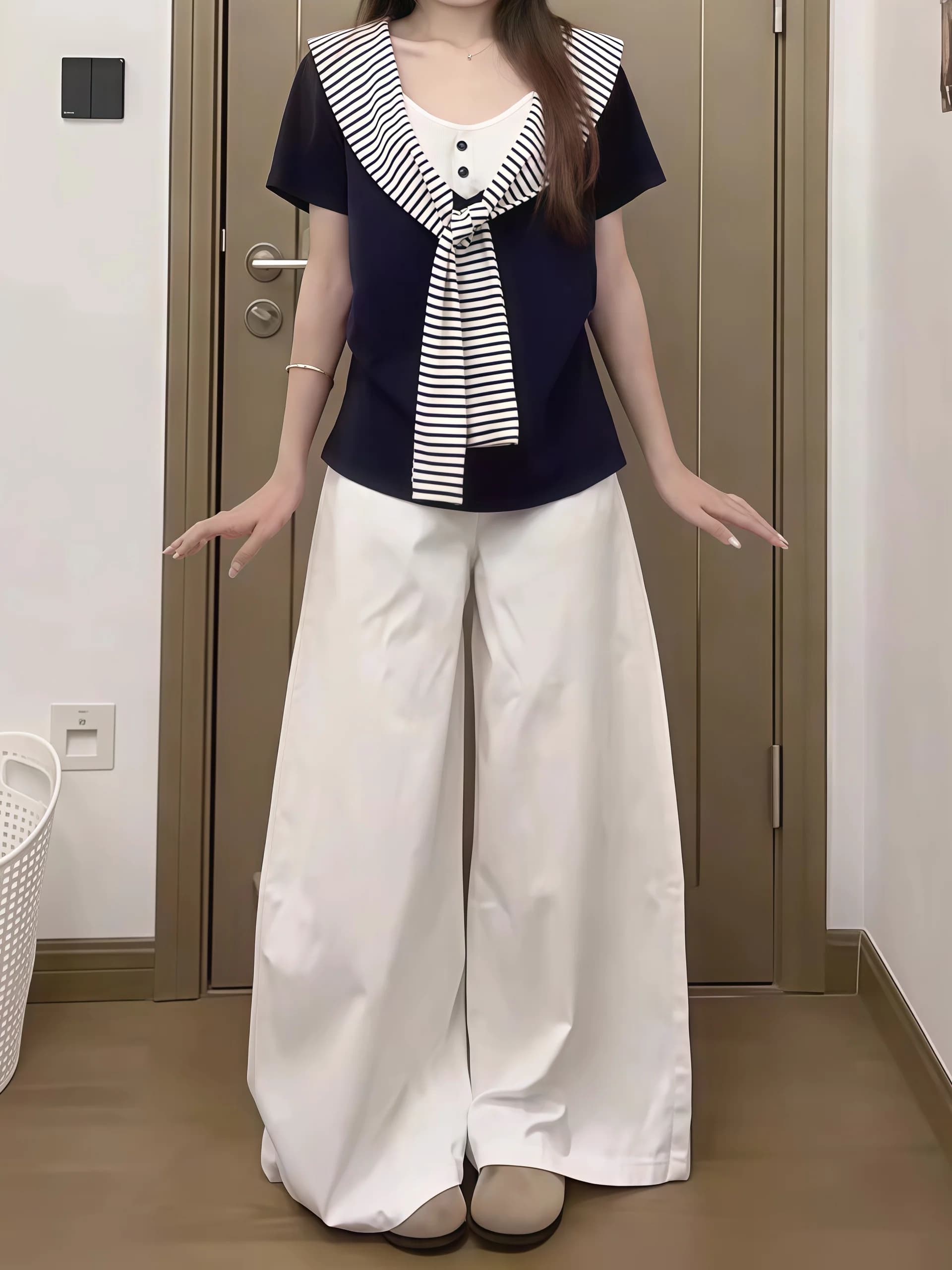 Summer Slim Fit Striped Shoulder T-Shirt Korean Style Commute Casual Short Sleeve Fake Two-Piece College Style Trendy Top