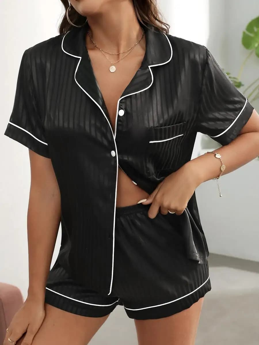 Satin Lapel Collar Pajama Set With Contrast Binding Women Sleepwear