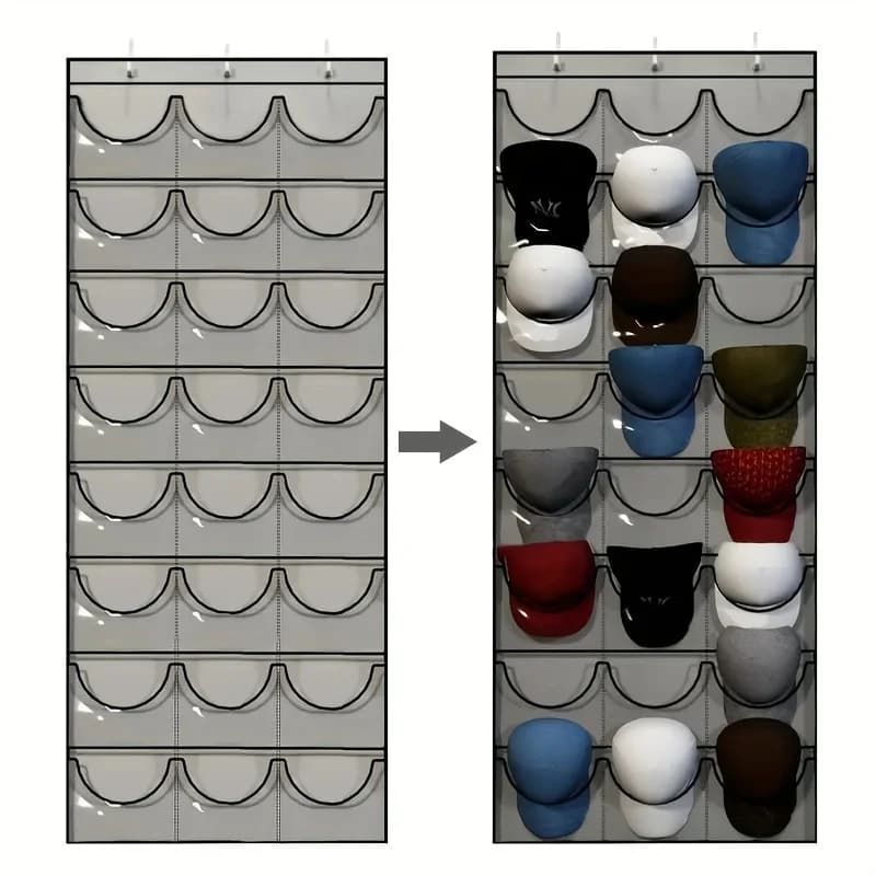 24-Pocket Over-The-Door Hat Organizer | Heavy-Duty Baseball Cap Rack for Storage & Display | Space-Saving Wall/ Cabinet Hanger