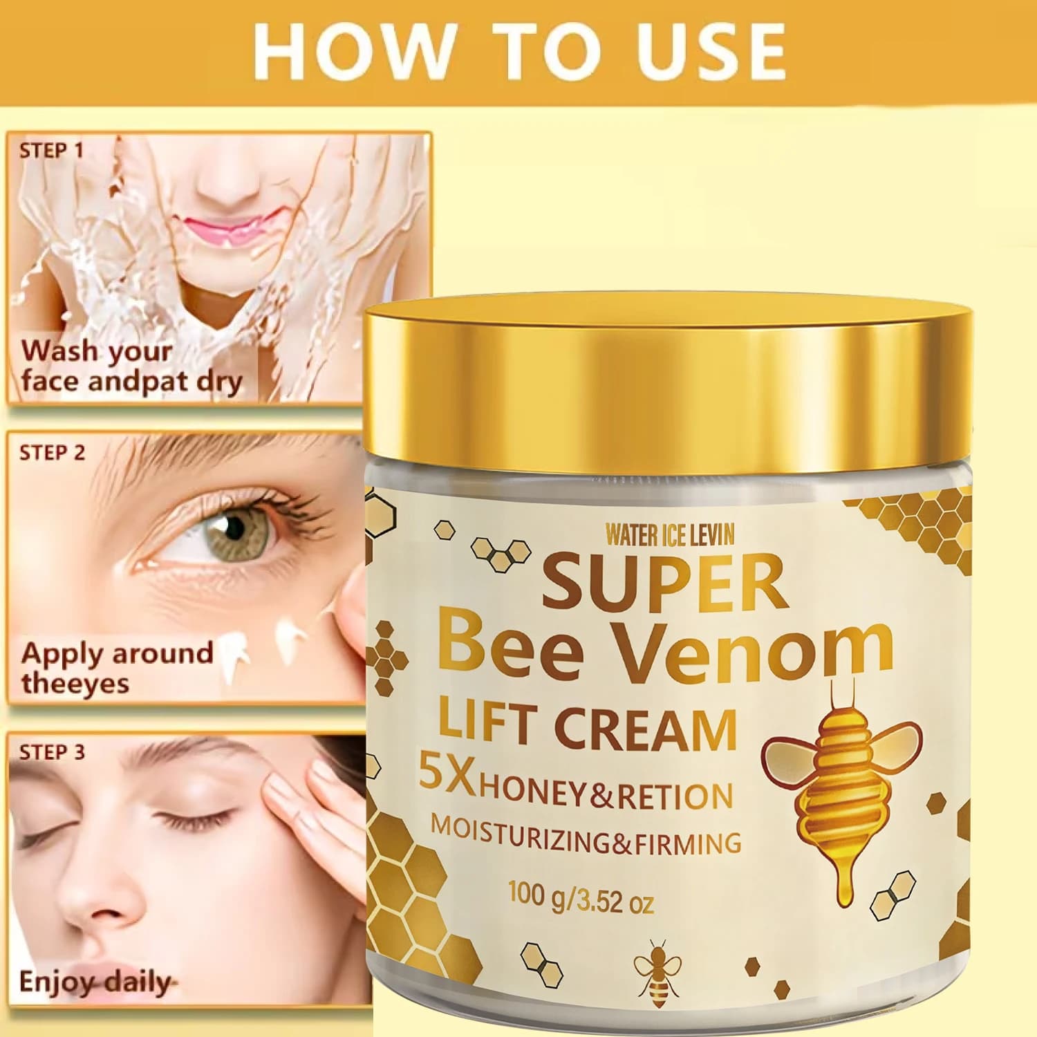 Crema Viso al Veleno d'Api con Acido Ialuronico, Niacinamide e Vitamina C – Crema Idratante Rassodante Effetto Lifting per Tutti i Tipi di Pelle 100g