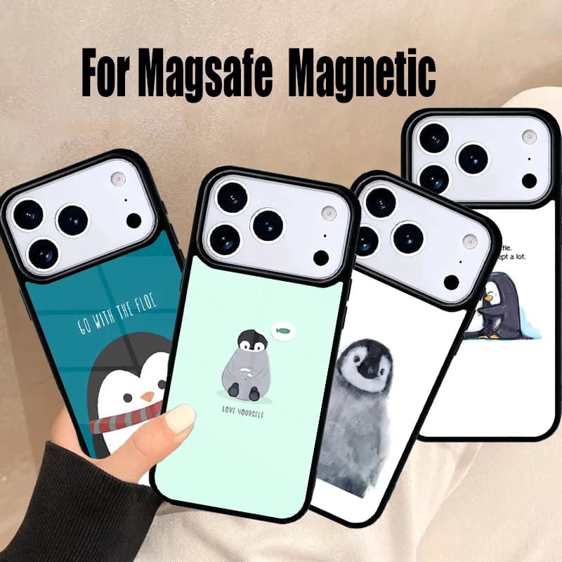 Custodia per telefono simpatica a forma di pinguino per iPhone 17 Air 16e 15 14 13 12 11 Pro Max Plus, cover magnetica wireless Magsafe